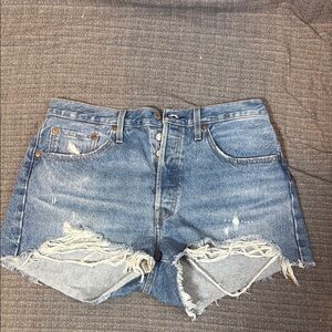 Levi's Blue High-Waisted Jean Shorts with Distressing
